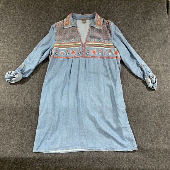 Chelsea & Theodore denim shirt dress boho embroidered size L colorful E12 - Picture 2 of 9